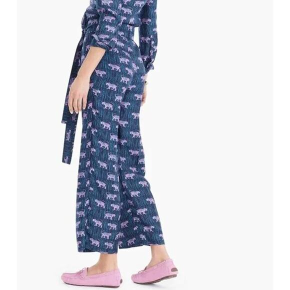 J. Crew 100% Silk Wide Leg Pant Jungle Tiger Print Belted Satin Ankle Trousers - Picture 11 of 12